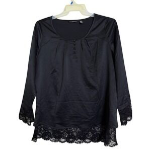 Isaac Mizrahi Live! Black Lace Trim Long Sleeve Blouse Top A296853 Womens 14